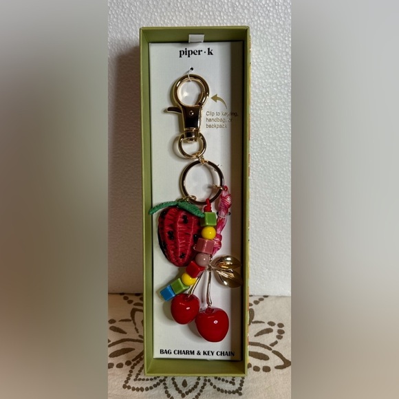 Piper.K Strawberry Beaded Keychain with Gold Accents - Picture 1 of 4